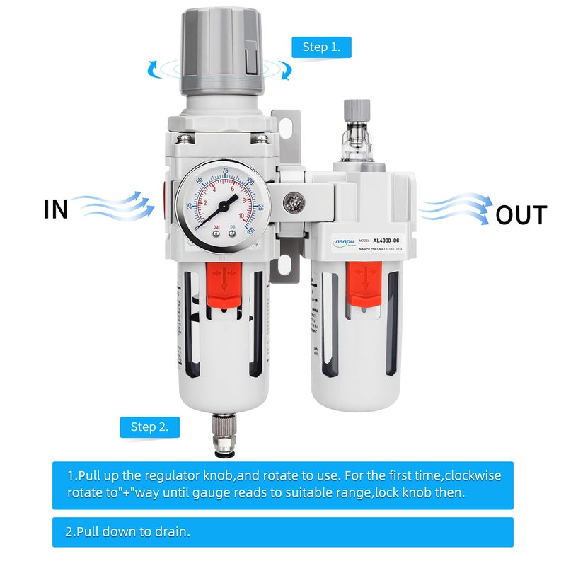 NANPU مجموعة منظم مرشح زيت الهواء المضغوط NANPU 3/4" NPT (FRL) فاصل ماء/زيت - مقياس (0-150 psi)، عنصر نحاسي 5 ميكرون، وعاء بولي، تصريف شبه تلقائي، قاعدة معدنية - Image 4